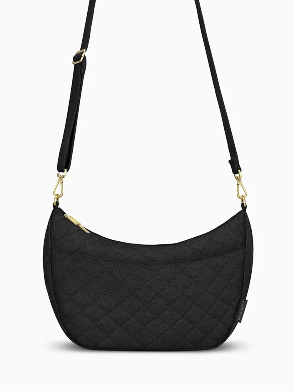 Canvelle Quilted Crescent Crossbody Bag in Black with Gold Hardware